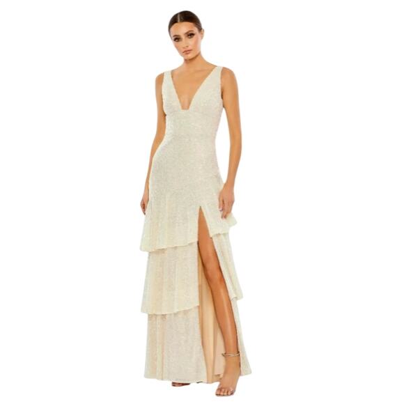 Mac Duggal NWT Iridescent Sequin Tiered Ruffle Maxi Gown Size 12 Formal Evening - Picture 3 of 12